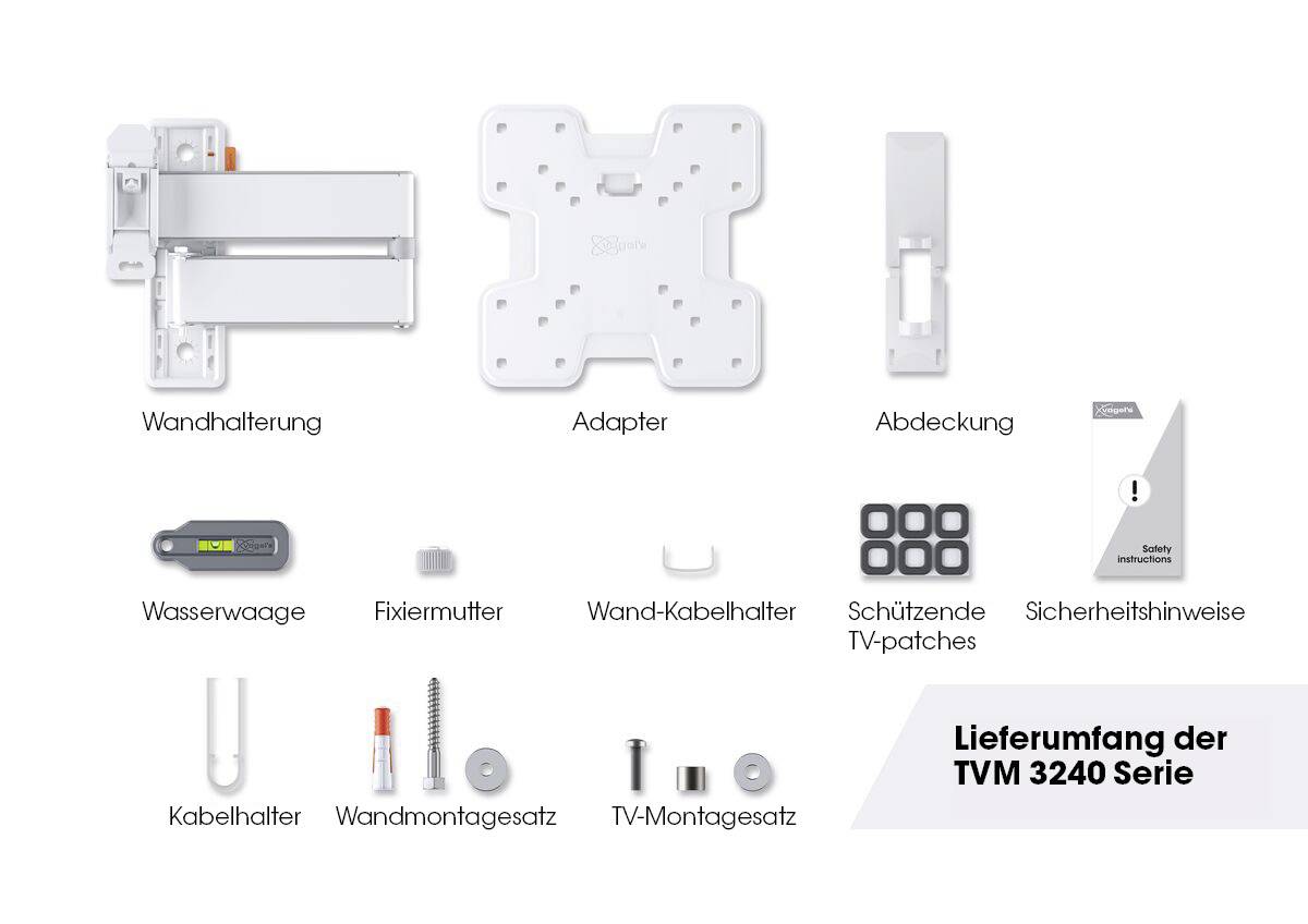 Der Lieferumfang der TVM 3240 Serie umfasst Wandhalterung, Adapter, Abdeckung, Wasserwaage, Fixiermutter, Kabelhalter, Montagesatz und Sicherheitshinweise.