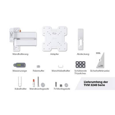 Der Lieferumfang der TVM 3240 Serie umfasst Wandhalterung, Adapter, Abdeckung, Wasserwaage, Fixiermutter, Kabelhalter, Montagesatz und Sicherheitshinweise.