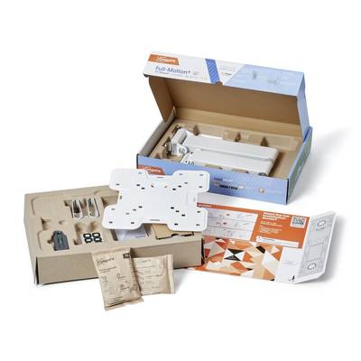 Montageset für TV-Wandhalterung, zeigt einen geöffneten Karton mit Halterungsteilen, Montageschrauben, Anleitung und Verpackungsmaterial.
