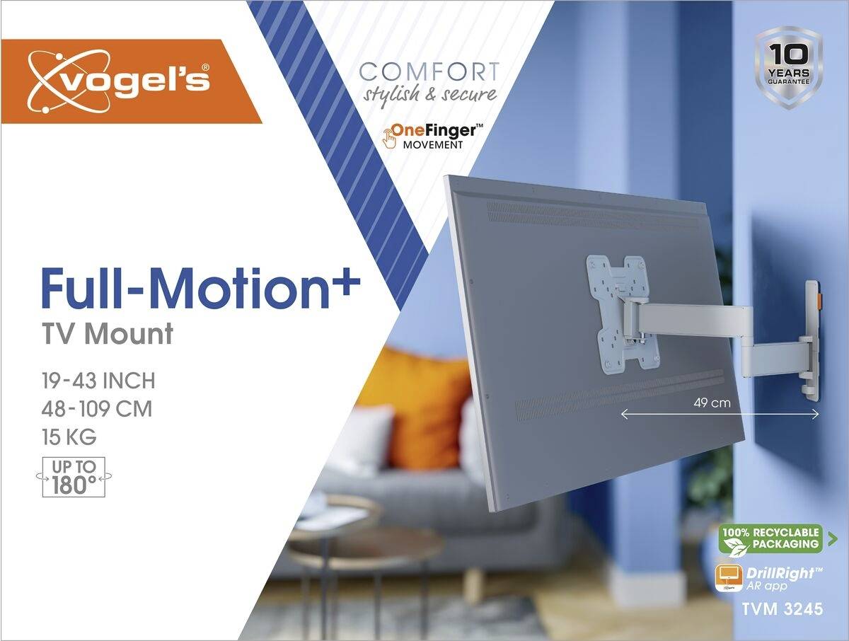 Wandhalterung für Fernseher von 19-43 Zoll, neigbar bis 180°, Tragkraft 15 kg. 100% recycelbare Verpackung, 10 Jahre Garantie.