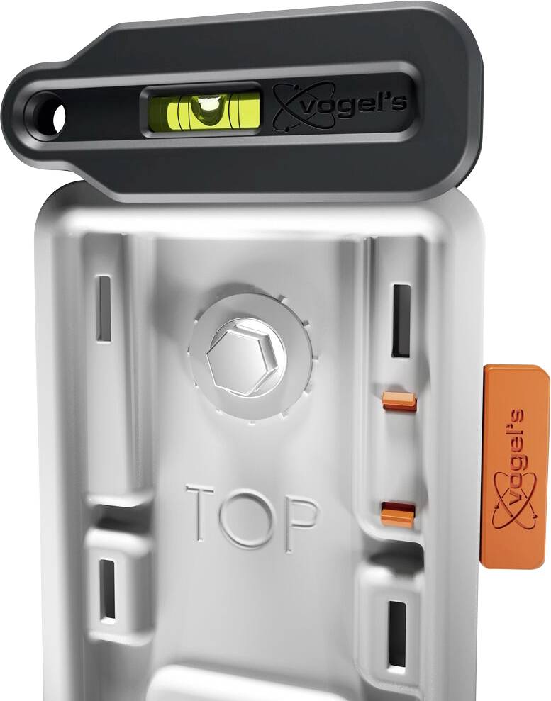 Wasserwaage mit grünem Flüssigkeitsbehälter auf silbernem Metallteil. Die Marke 'Vogel's' ist oben, ein oranger Griff ist rechts.