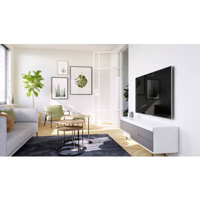 Modernes Wohnzimmer mit einem grauen Sofa, drei runden Tischen, einem großen Fernseher an der Wand und Pflanzen; helle, minimalistische Einrichtung.