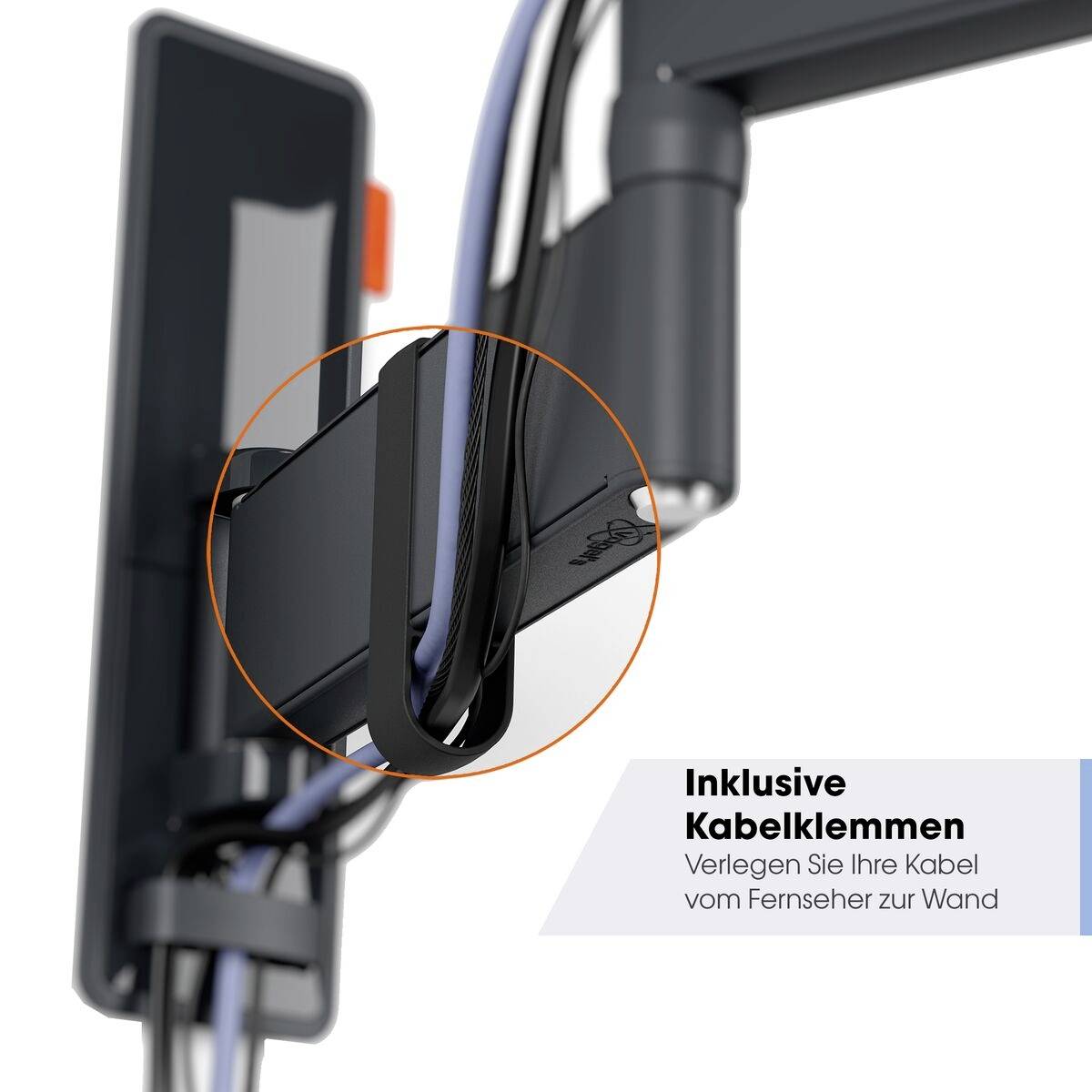 Kabelklemmen halten Kabel ordentlich an einer Wandhalterung. Text auf Bild: 'Inklusive Kabelklemmen. Verlegen Sie Ihre Kabel vom Fernseher zur Wand.'