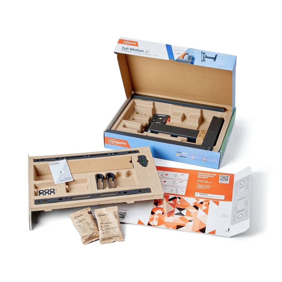Kartons mit TV-Halterung: Zeigt eine unmontierte TV-Wandhalterung in einer geöffneten Verpackung. Zubehör und Montageanleitung liegen bei.
