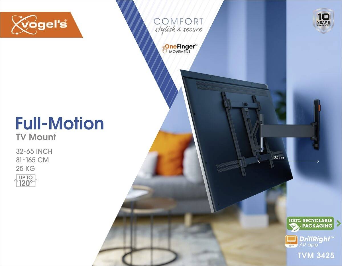'Vogel's Full-Motion TV Wandhalterung, geeignet für 32–65 Zoll, 81–165 cm, bis zu 25 kg. Verpackung zu 100% recyclebar.'