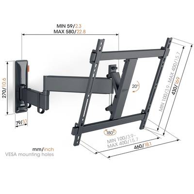 'VESA'-Wandhalterung für Bildschirm, mit schwenkbarem Arm. Maße in mm/zoll: min 100/3.9 - max 400/15.7, min 59/2.3 - max 580/22.8.