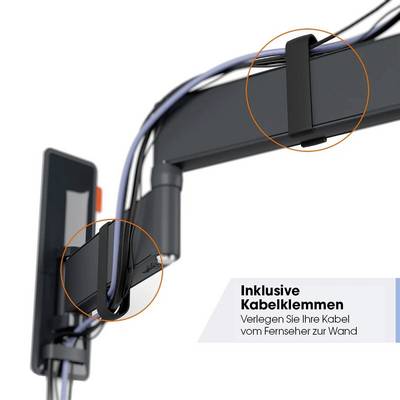 Kabelklemmen halten ordnungsgemäß Kabel an einem TV-Wandhalter. Text: 'Inklusive Kabelklemmen Verlegen Sie Ihre Kabel vom Fernseher zur Wand'.