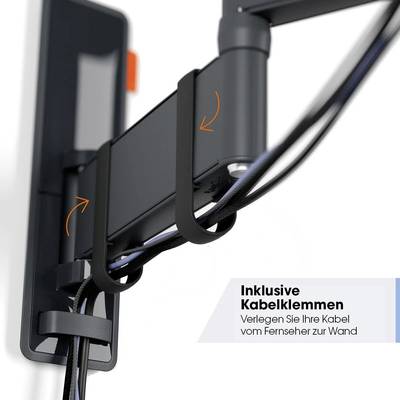 'Kabelhalterung an der Wandhalterung ermöglicht saubere Kabelverlegung. Text: Inklusive Kabelklemmen. Verlegen Sie Ihre Kabel vom Fernseher zur Wand.'