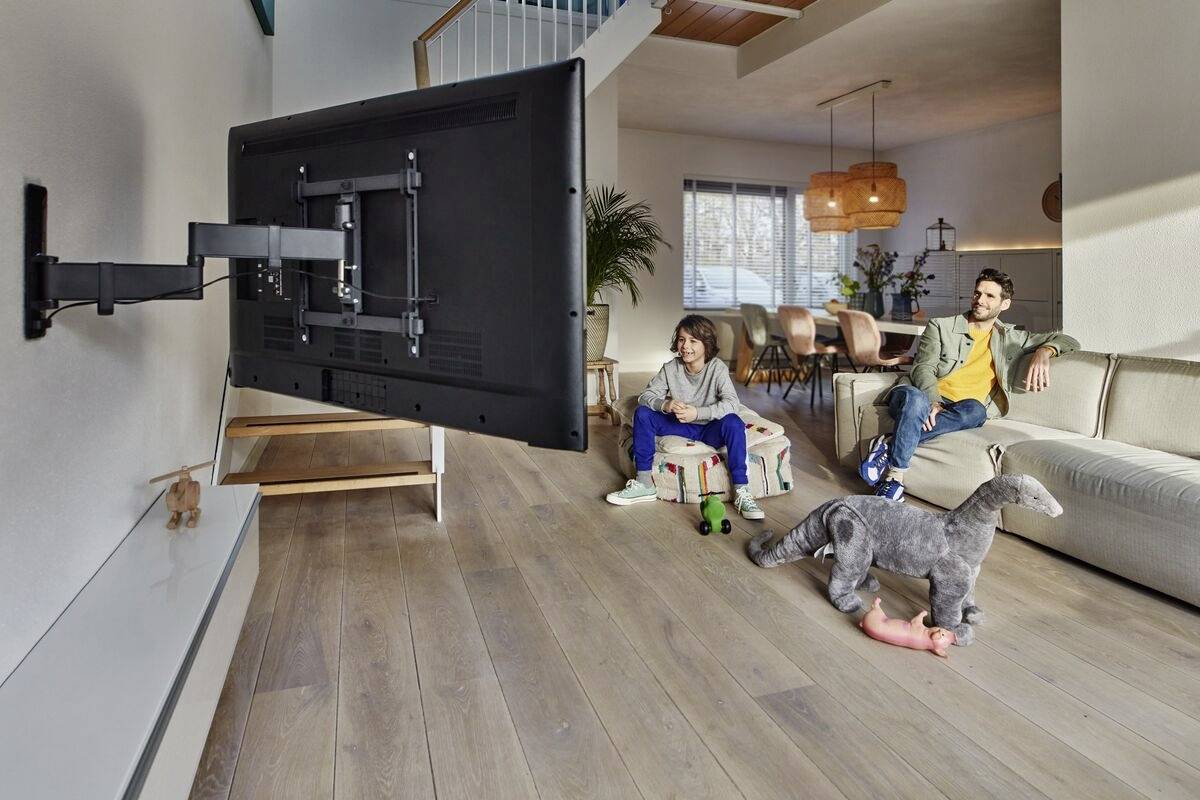 Ein Paar sitzt in einem Wohnzimmer auf einem Sofa und schaut auf einen an der Wand montierten Fernseher. Ein Dinosaurierspielzeug liegt auf dem Boden.