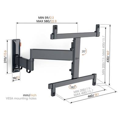 Wandhalterung für Fernseher mit verstellbaren Armen. Maße in mm: Breite 580-200, Höhe 430-200, TV-Halterungslochmuster VESA.