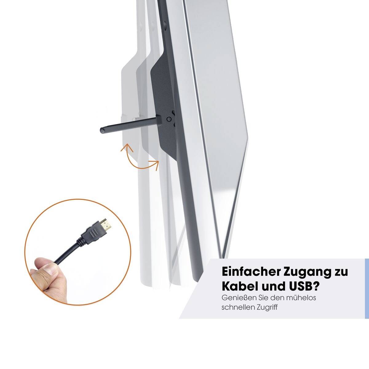 Der Bildschirm zeigt schwenkbare Rückseitentür für bequemen Zugang zu Kabeln und USB. Links unten ein USB-Kabel. Text: 'Einfacher Zugang zu Kabel und USB.'