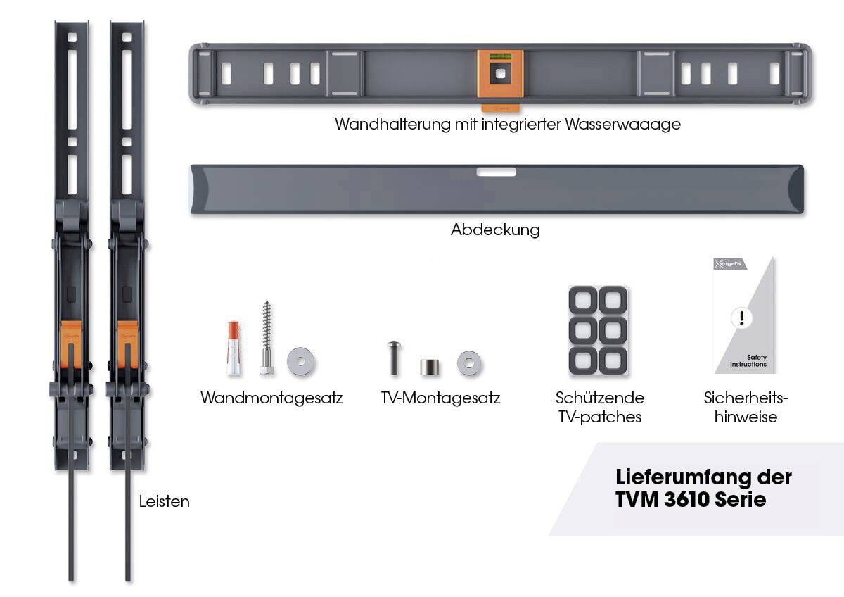 Lieferumfang der TVM 3610 Serie: Wandhalterung mit Wasserwaage, Abdeckung, Montagesätze, Schutzpads, Sicherheitshinweise, Leisten.