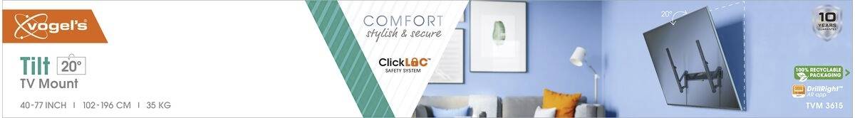 'Vogel's TV-Halterung Neigbar 20°.' Bild eines Flachbildfernsehers an der Wand in einem Wohnzimmer. Anzeige mit Produktdetails und Garantieinformationen.