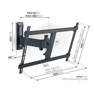 Bild eines verstellbaren TV-Wandhalters mit Angabe der minimalen und maximalen Abmessungen: Breite 660 mm, Neigung 120 Grad.