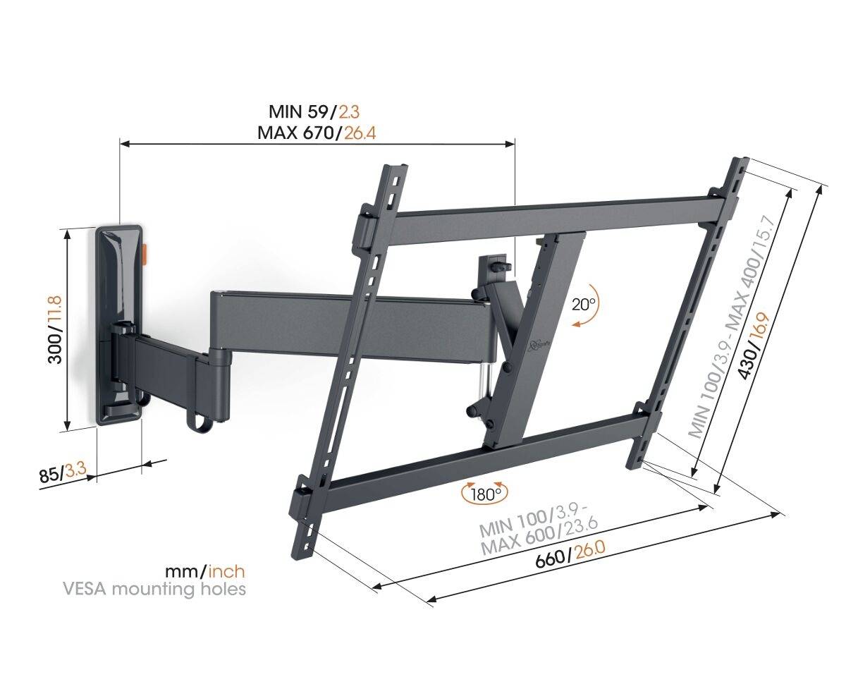 'Wandhalterung für Fernseher: Neigbar bis 20°, schwenkbar 180°, geeignet für Bildschirmgrößen von 59 cm bis 670 cm.'