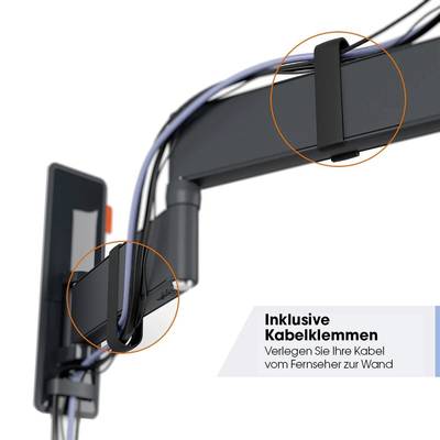 Eine Fernseherhalterung mit Kabeln, die mit Kabelklemmen gesichert sind. Text: 'Inklusive Kabelklemmen - Verlegen Sie Ihre Kabel vom Fernseher zur Wand'.