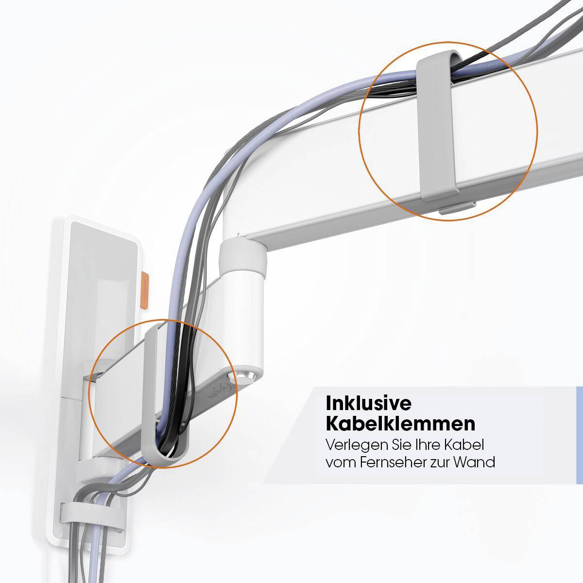 Ein Kabelkanal mit Kabelklemmen, der an der Wand befestigt ist. Text: 'Inklusive Kabelklemmen - Verlegen Sie Ihre Kabel vom Fernseher zur Wand'.