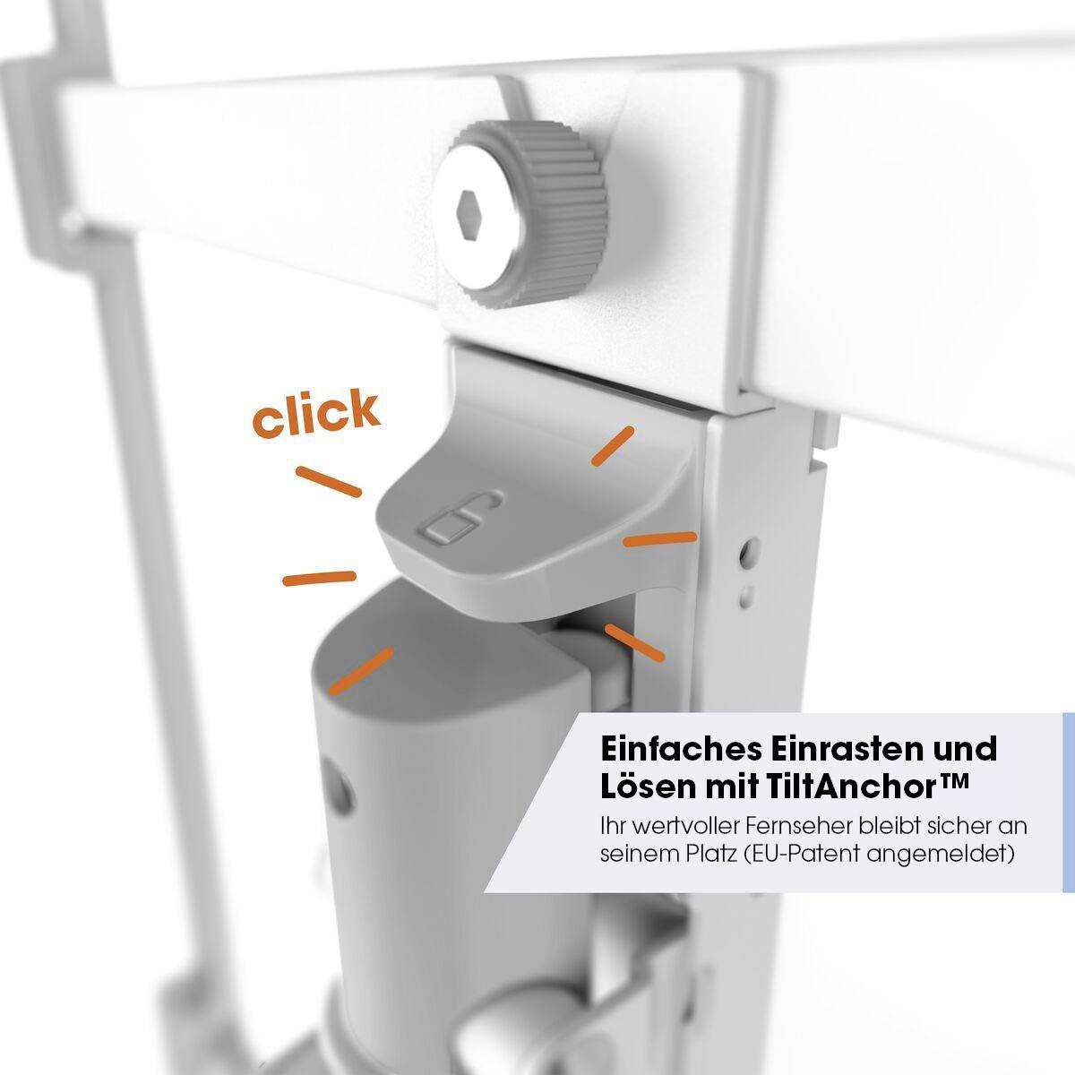 Ein Fernseherhalter wird eingerastet. Ein Pfeil zeigt auf den Knopf, den man drücken sollte. Aufschrift: 'Einfaches Einrasten und Lösen'.