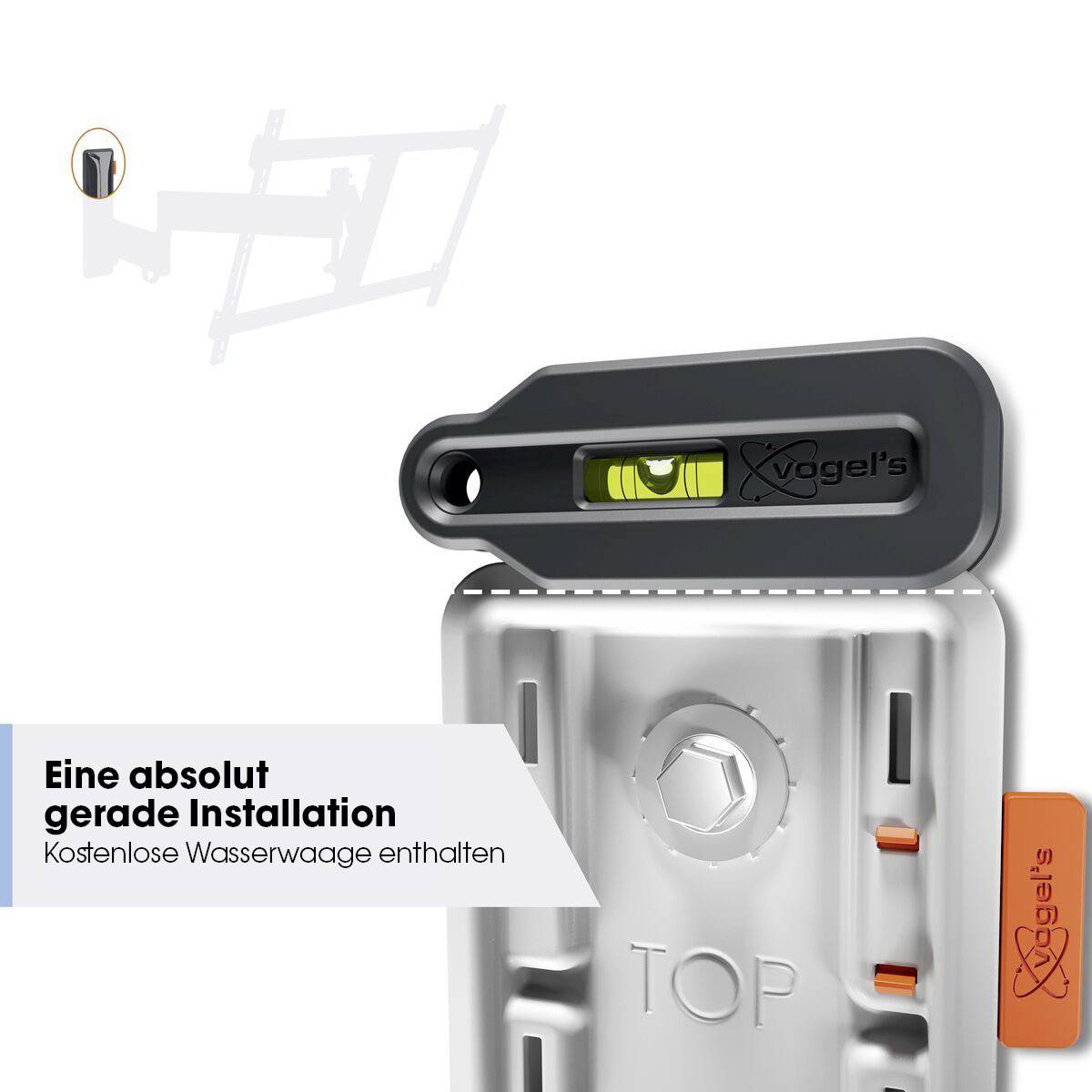 Wasserwaage mit integrierter Libelle und Montageanleitung. Hinweis auf einfache Installation.