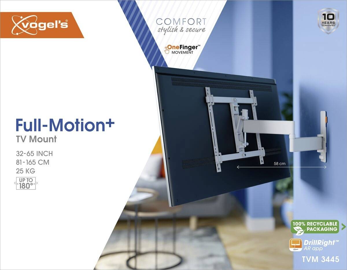 'Vogel's Full-Motion+ TV Halterung, 32-65 Zoll, 81-165 cm, bis zu 25 kg, schwenkbar bis 180°, 100% recycelbare Verpackung.'
