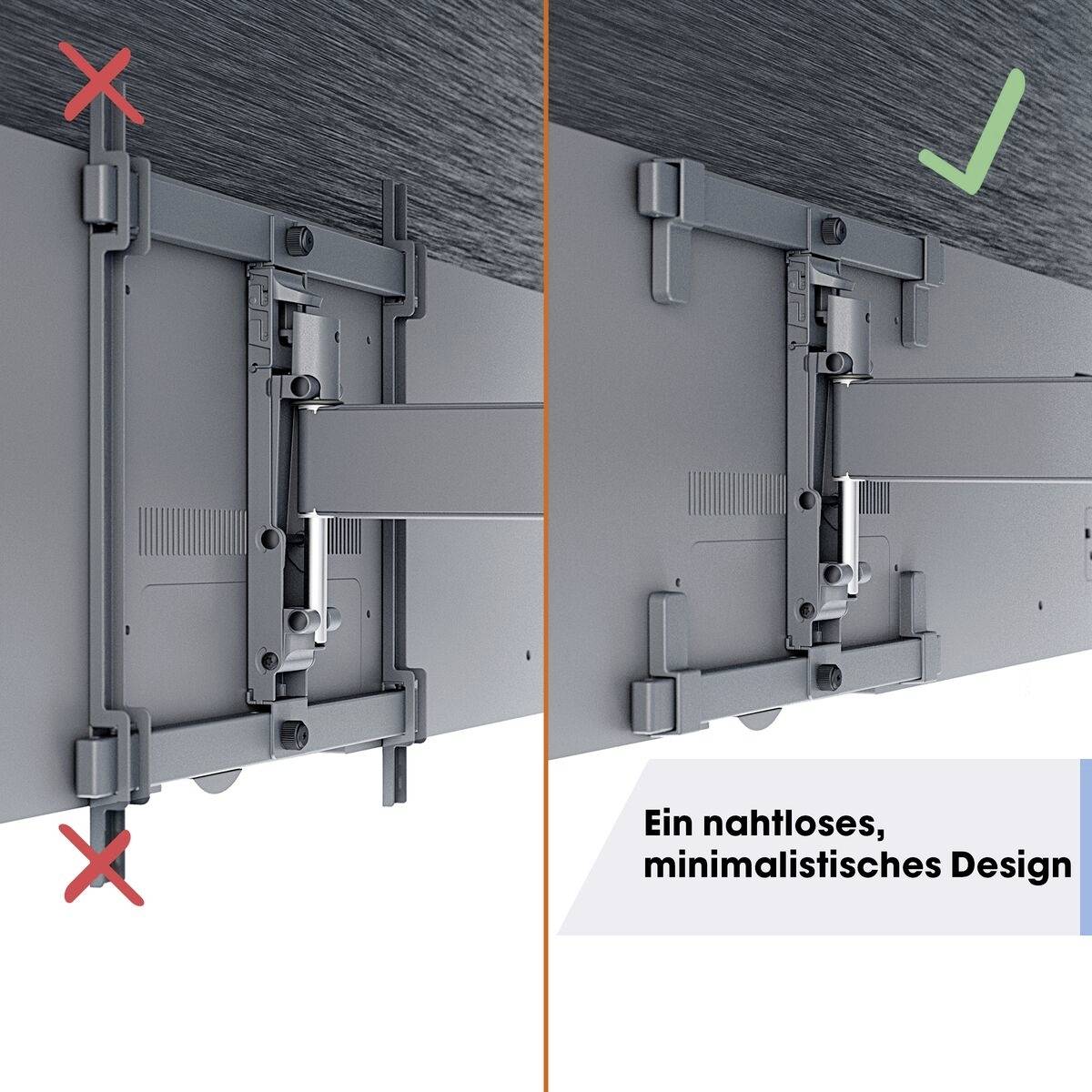 Die Grafik zeigt zwei Montagelösungen für einen Bildschirm: links eine mit sichtbaren Halterungen und rotem Kreuz, rechts eine versteckte mit grünem Haken. Text: 'Ein nahtloses, minimalistisches Design'.