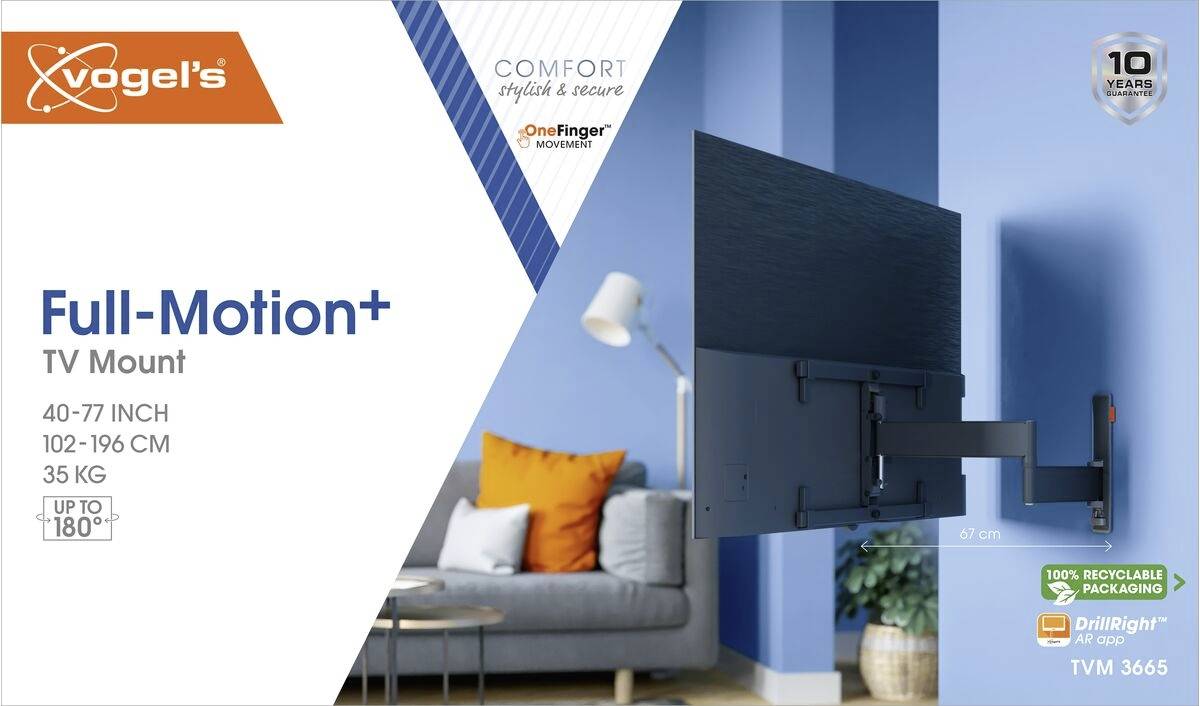 'Vogel's Full-Motion+ TV-Wandhalterung für 40-77 Zoll Fernseher. Belastbar bis 35 kg, 180° Schwenkbereich, umweltfreundliche Verpackung.'
