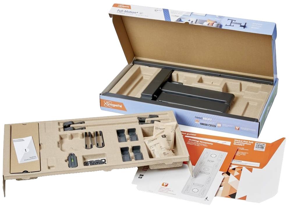 Kartonschachtel mit montierbarem Bildschirmarm und Zubehör. Anleitung und Informationsblätter liegen daneben.