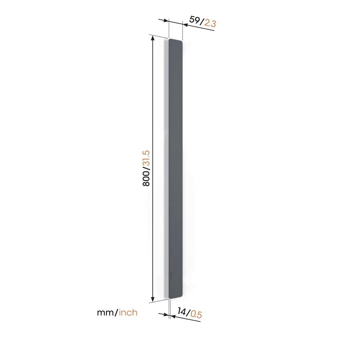 Langes, rechteckiges Objekt, 800 mm hoch, 59 mm breit, seitlich 14 mm tief. Maße in mm und Zoll angegeben.