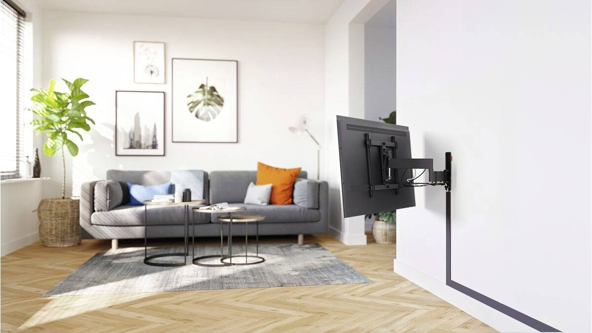 Wohnzimmer mit grauem Sofa, bunten Kissen und Pflanzen im Hintergrund. Ein Flachbildschirm ist an der Wand montiert.