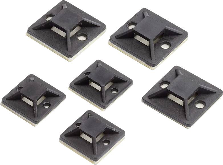 Sechs schwarze Kunststoffplatten mit quadratischer Form und zwei Löchern, verwendet zur Montage.