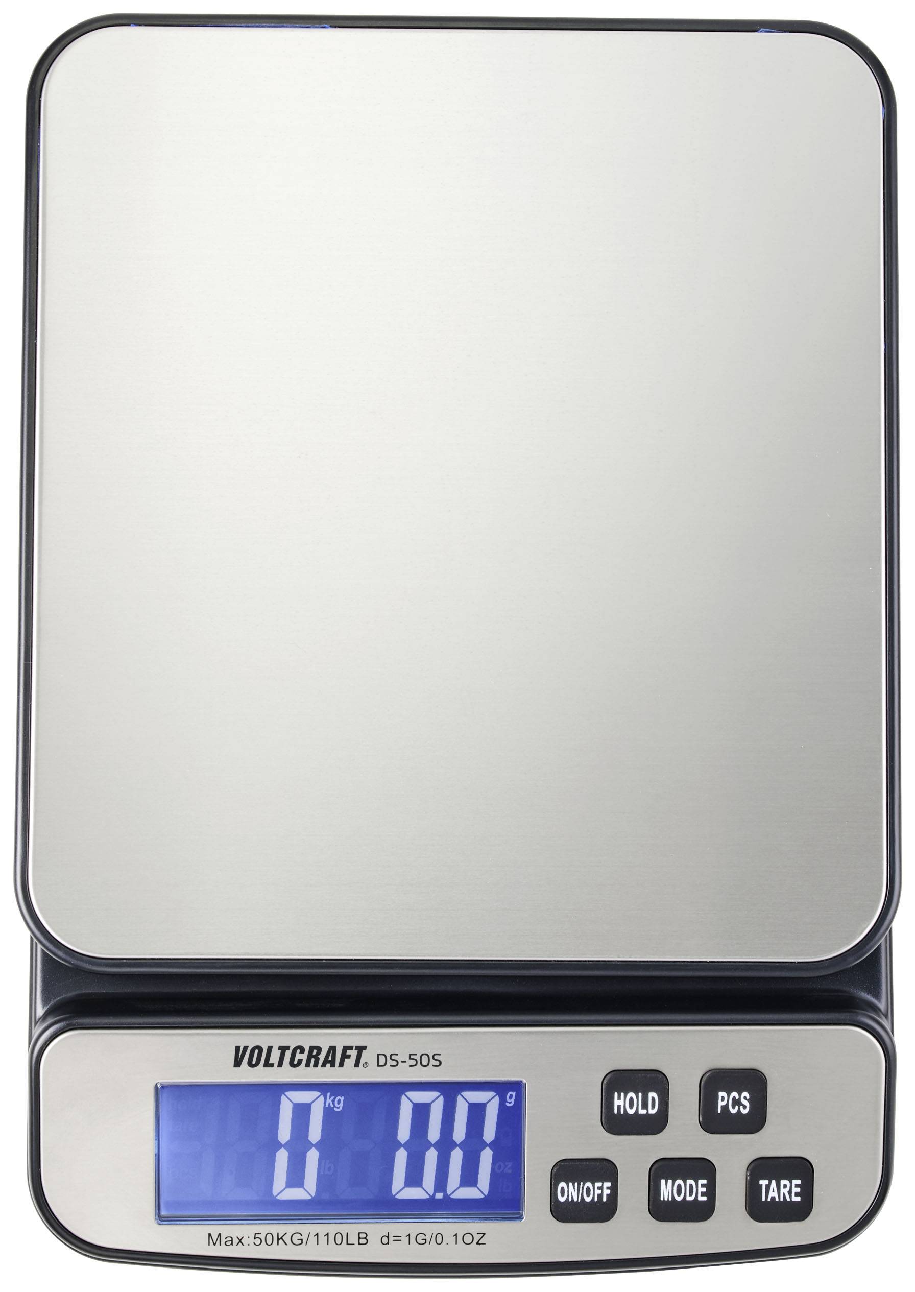 Digitale Waage mit flachem Stahlwiegebereich und blauer LCD-Anzeige, zeigt '0.0'. Knöpfe für Funktionen darunter sichtbar.