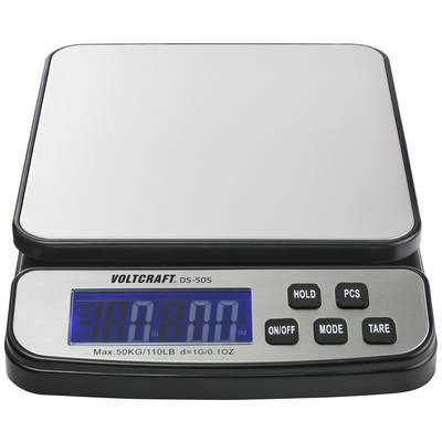 Elektronische Tischwaage mit digitaler Anzeige, Marke 'Voltcraft', maximal 50 kg Gewichtskapazität. Funktionen: Halten, Modus, Tarieren.