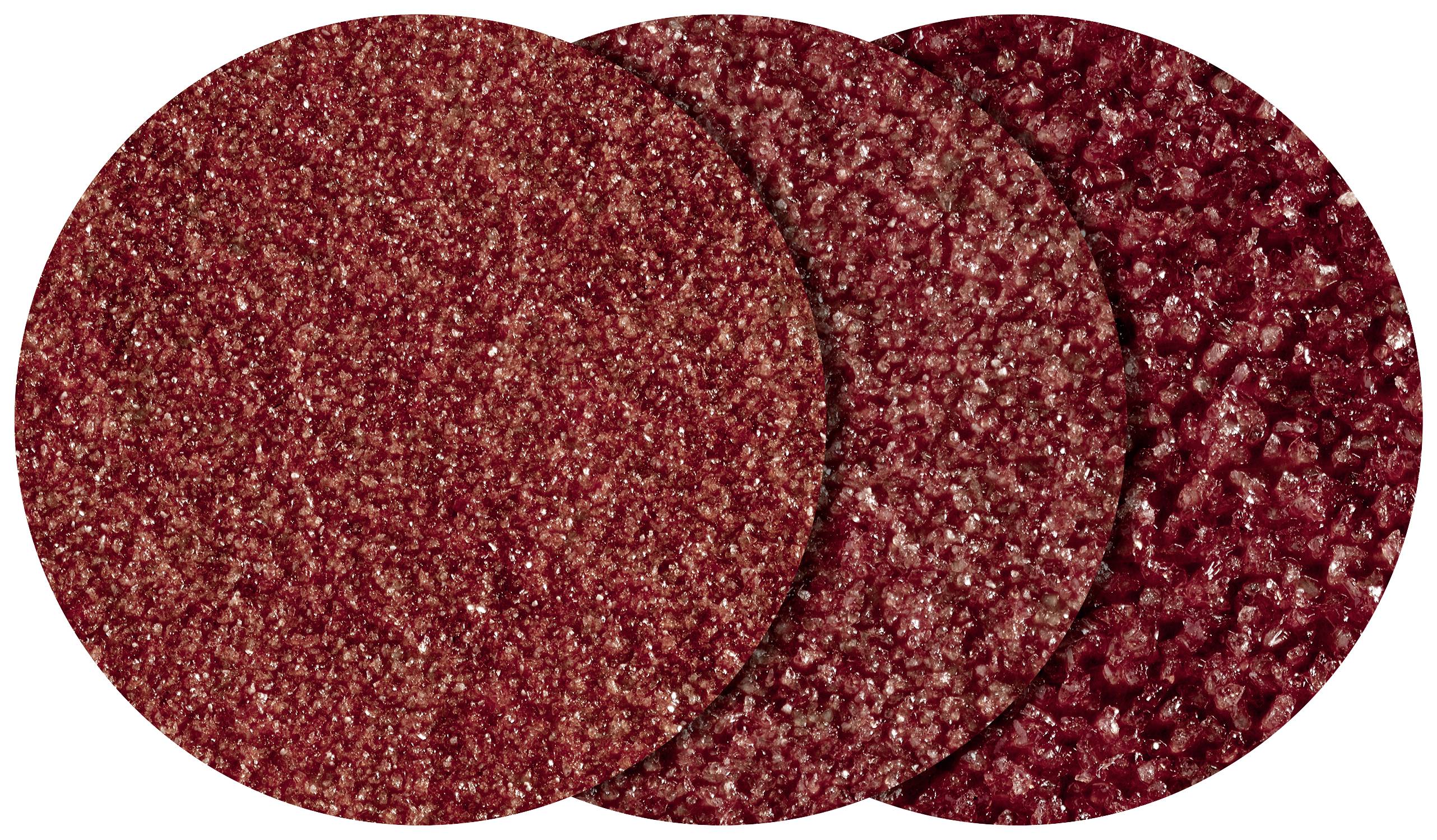 Drei rote Schleifscheiben mit unterschiedlichen Korngrößen liegen überlappend nebeneinander. Sie variieren in Körnigkeit und Textur.
