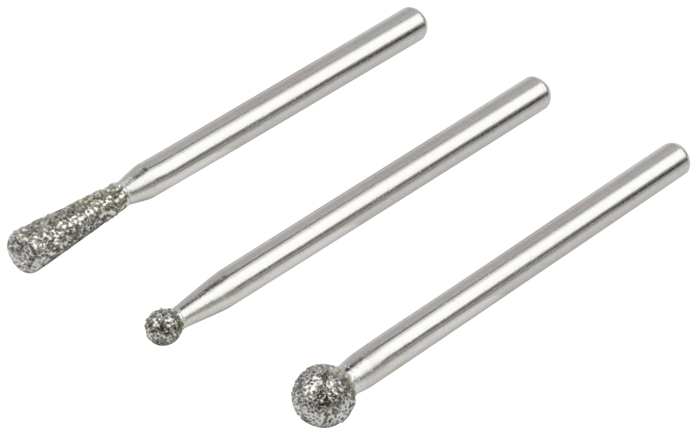 Drei diamantbeschichtete Fräser mit unterschiedlichen Köpfen: kugelförmig, konisch, und rund. Sie sind Werkzeuge zur Metallbearbeitung.