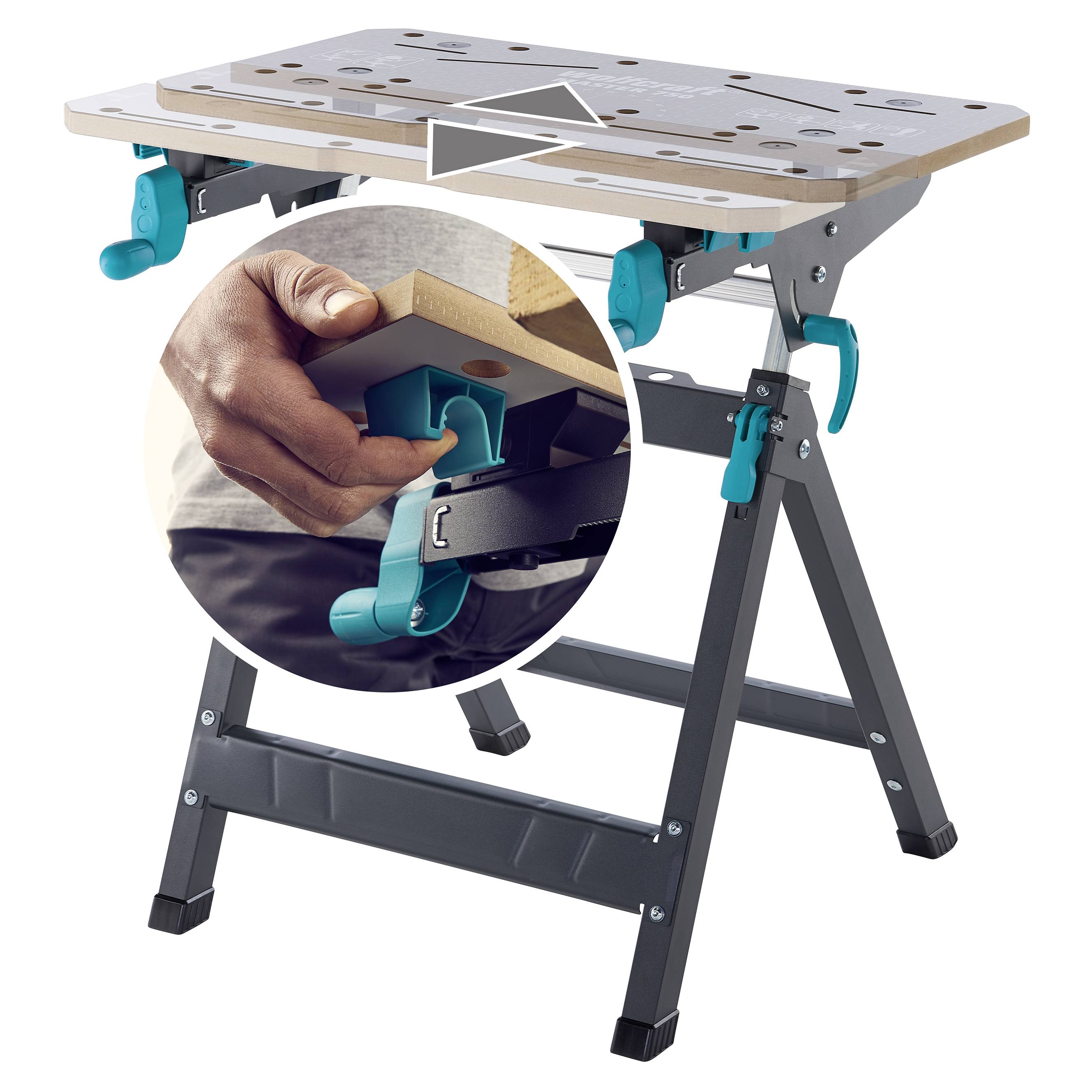 Ein klappbarer Arbeitstisch mit Klemmen zur Fixierung von Werkstücken. Nahaufnahme zeigt die Bedienung einer Klemme.