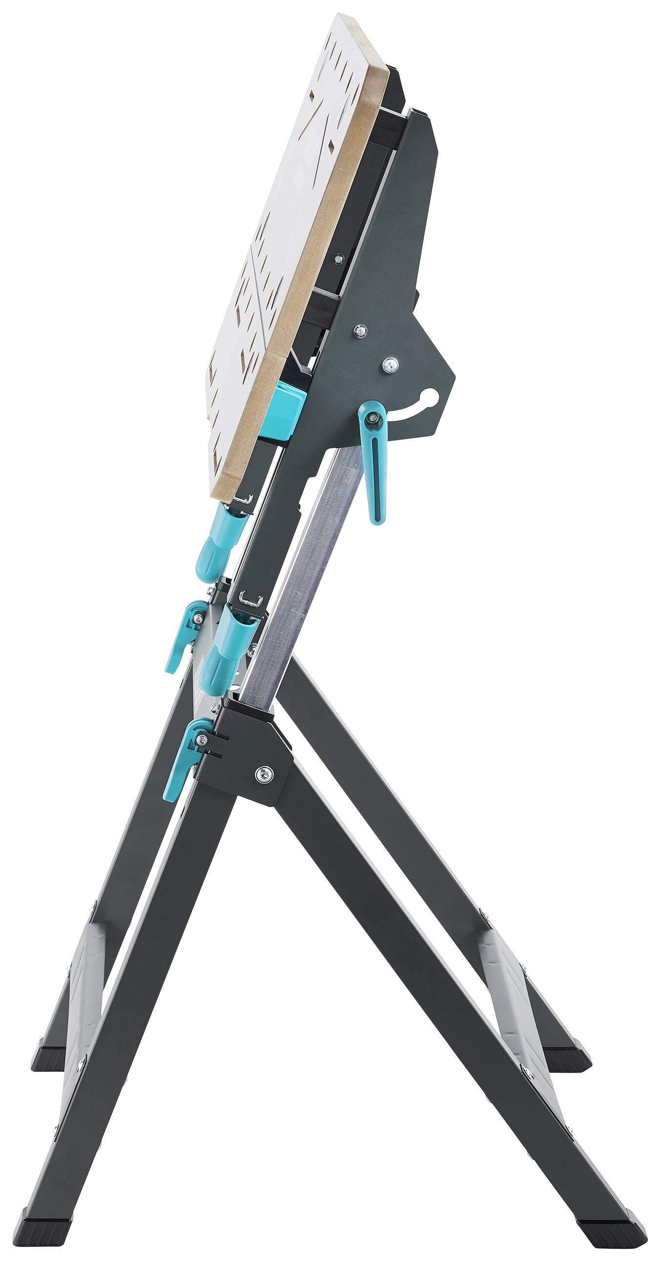 Ein klappbarer Arbeitstisch aus Metall und Holz, seitlich gesehen. Der Tisch hat verstellbare Beine und blaue Hebel zur Höhenanpassung.