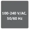 '100-240V/AC, 50/60 Hz' ist in schwarzer Schrift auf grauem Hintergrund zu sehen.