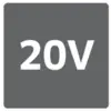 Ein quadratisches Symbol mit der Aufschrift '20V', umgeben von einem grauen Muster.
