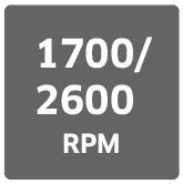 Anzeige eines Geräts mit den Zahlen '1700/2600 RPM', was die Drehzahl des Geräts in Umdrehungen pro Minute zeigt.