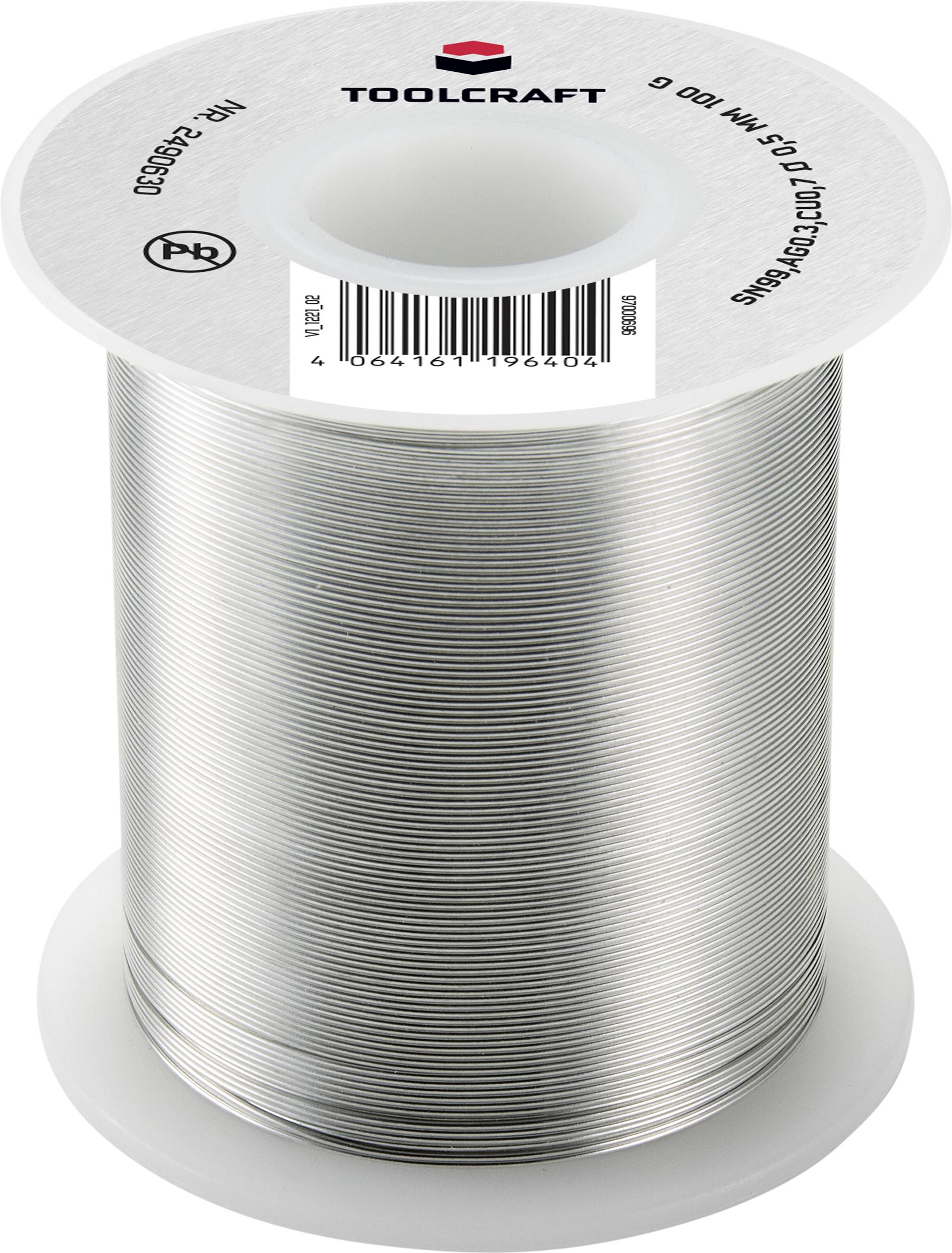 Eine Rolle Lötzinn von Toolcraft, silberfarben, mit Barcode oben.