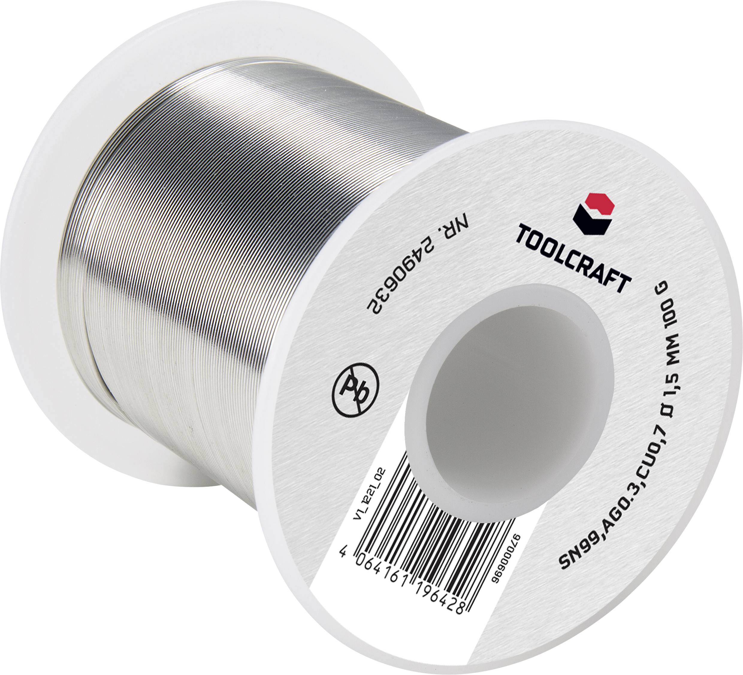 Lötdrahtrolle von TOOLCRAFT mit Aufschrift 'Sn99Ag0,3Cu0,7', 100g.
