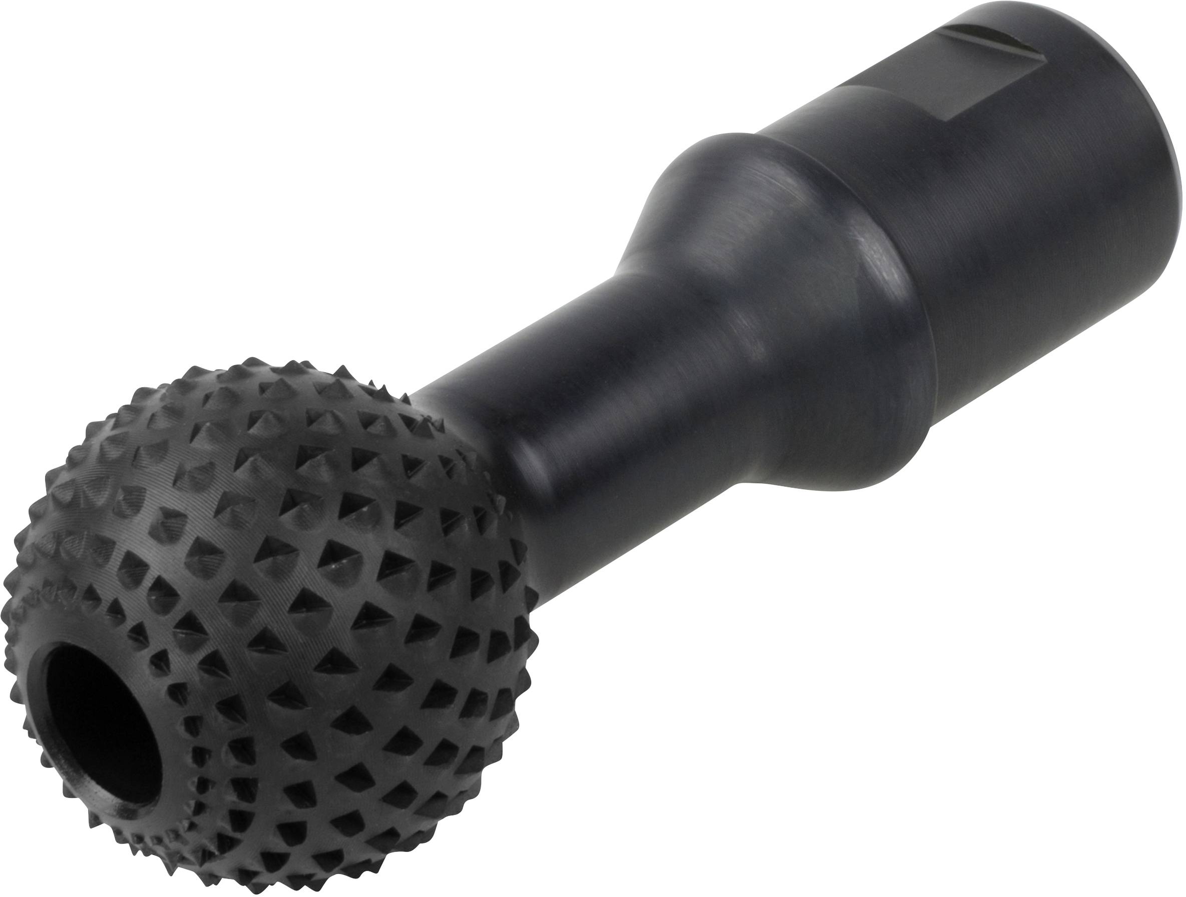 Ein schwarzes, stabförmiges Objekt mit einer kugeligen Spitze, die mit strukturierten Noppen bedeckt ist.