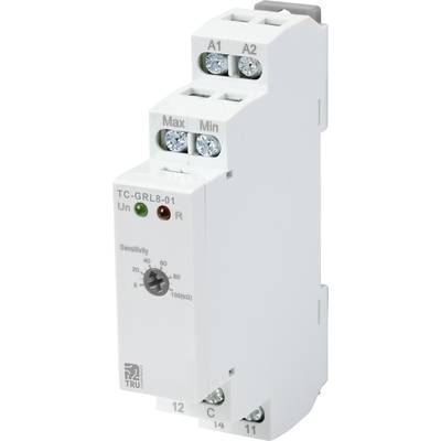 Ein weißes elektrisches Relais mit Schraubklemmen, Sensitivitätseinstellung, und Anschlüssen A1, A2, 11, 12. Markiert mit 'TC-GRL8-01'.