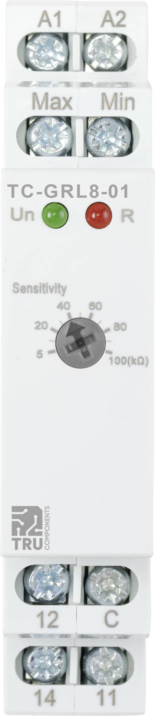 Ein Temperaturregler mit Anschlüssen oben (A1, A2, Max, Min) und unten (11, 12, 14, C). Zwei LED-Anzeigen (Un, R) und ein Sensibilitätseinsteller in der Mitte.