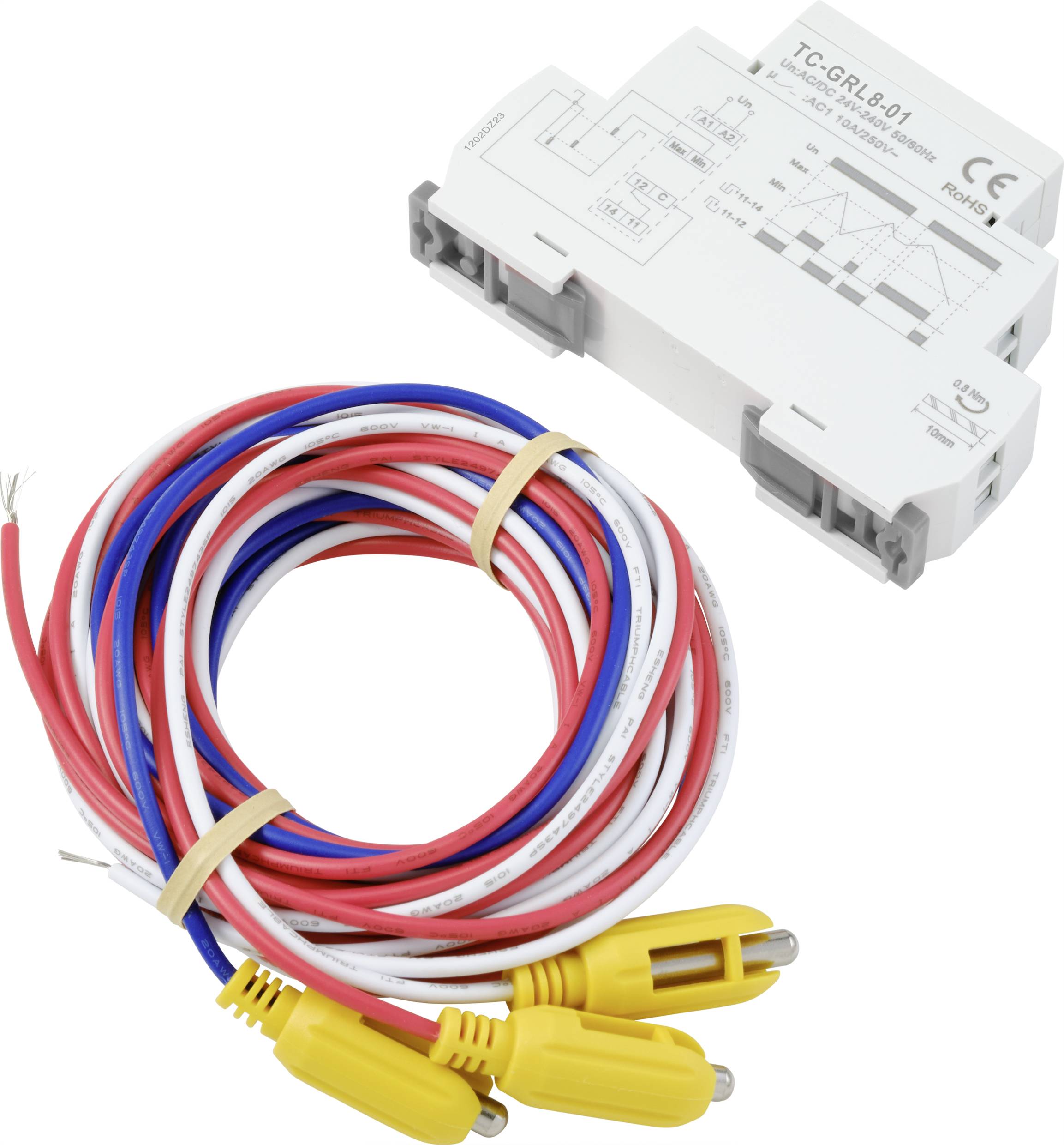 Ein weißes elektrisches Steuergerät mit einer Zeichnung auf der Oberseite neben einem Bündel bunter Kabel mit gelben Steckverbindern.