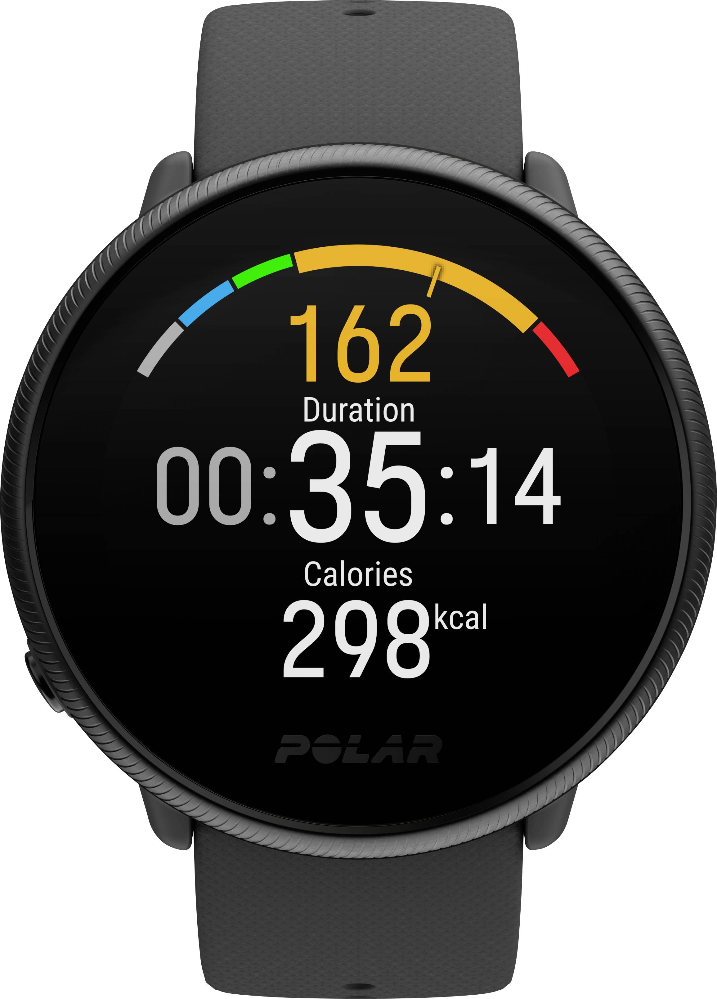Schwarze Fitnessuhr zeigt Herzfrequenz 162, Dauer 35 Minuten, 14 Sekunden, Kalorienverbrauch 298 kcal.