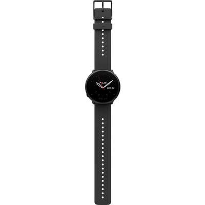 Eine schwarze Armbanduhr mit analogem Zifferblatt und zwei Zeigern. Das Datum zeigt 'FRI 24'.