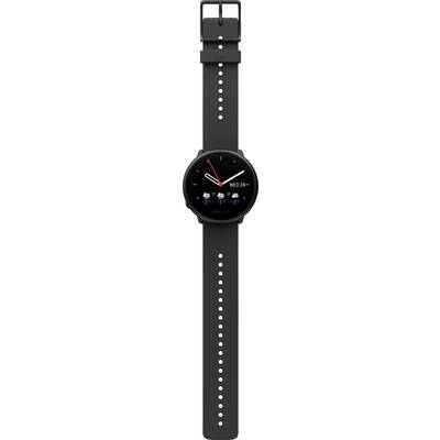 Schwarze Smartwatch zeigt analoge Uhrzeit mit rotem Sekundenzeiger. Display zeigt Datum und Wetter-Symbole. Armband mit Löchern.