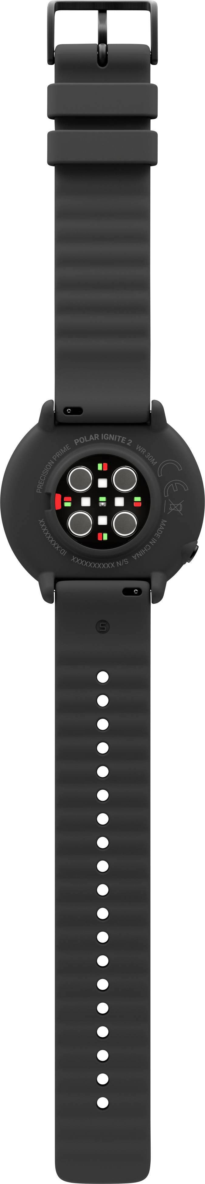 Eine schwarze Armbanduhr mit kreisförmigem Gehäuse und mehreren Sensoren auf der Rückseite des Gehäuses.