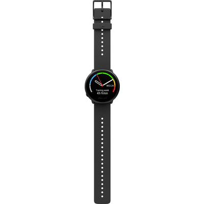 Schwarze Smartwatch mit rundem Zifferblatt zeigt 'Wed 24' und 'Training Week 4h 9min'. Bunte Linien symbolisieren Aktivitäten.